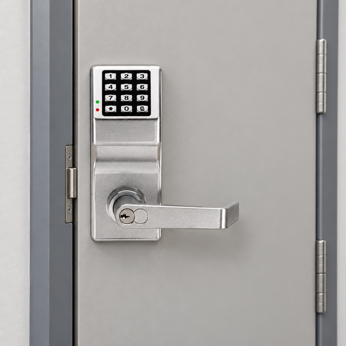 alarm-lock-trilogy-dl2700 — illustrative installed view in satin chrome; surrounding door and frame not included