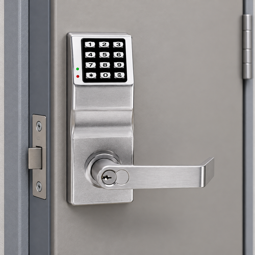 alarm-lock-trilogy-dl3200 — illustrative installed view in satin chrome; surrounding door and frame not included