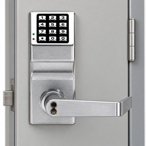 alarm-lock-trilogy-dl3200-sfic — illustrative installed/product view; configuration and finish as named, surrounding hardware not included