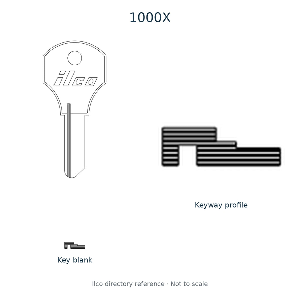 Ilco directory reference 1000X — key blank and keyway profile; not to scale
