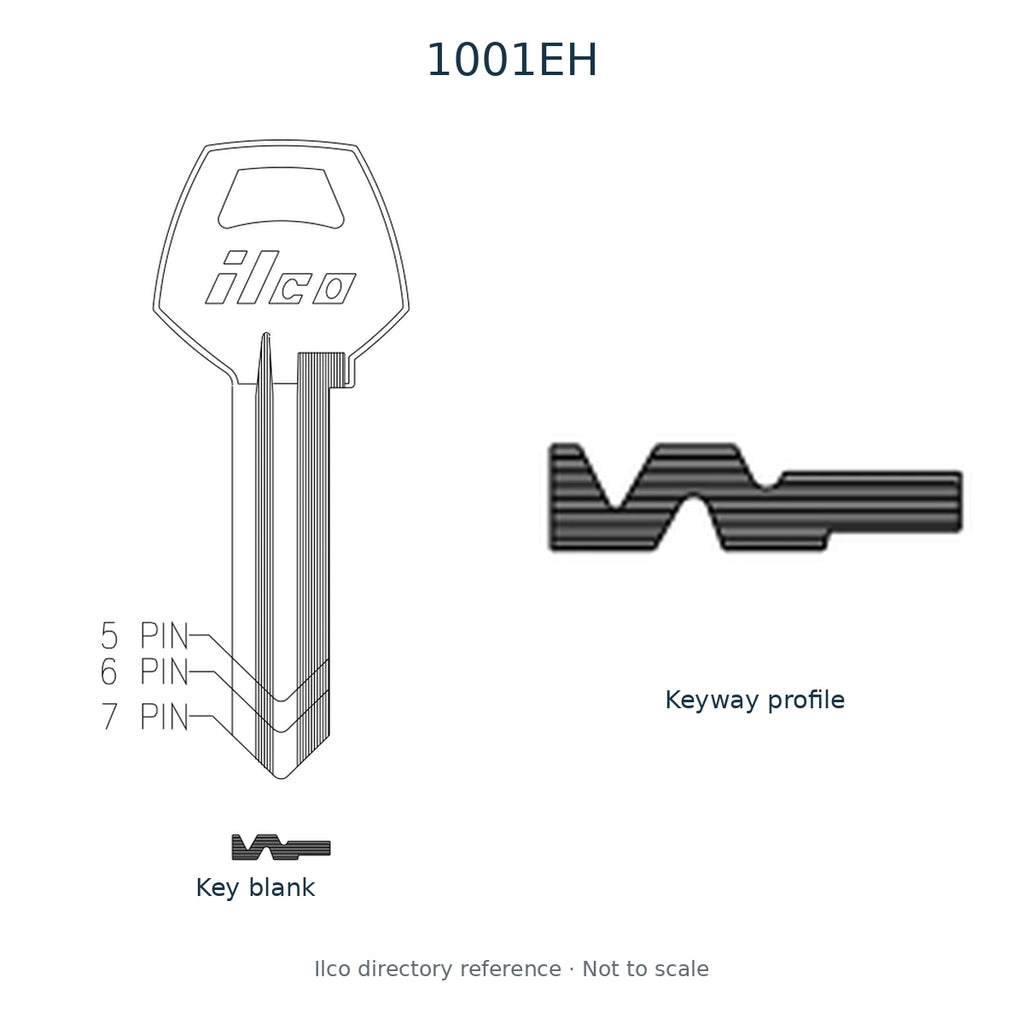 Ilco directory reference 1001EH — key blank and keyway profile; not to scale