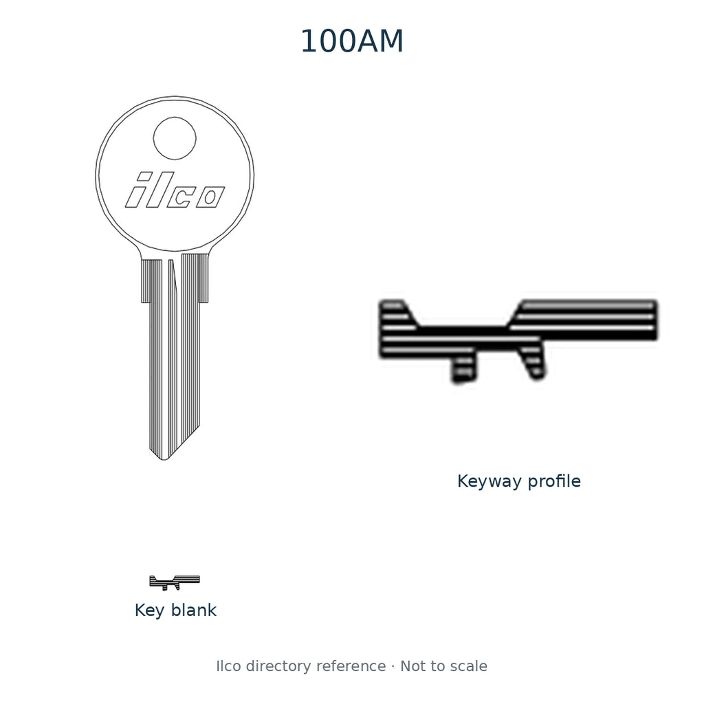 Ilco directory reference 100AM — key blank and keyway profile; not to scale