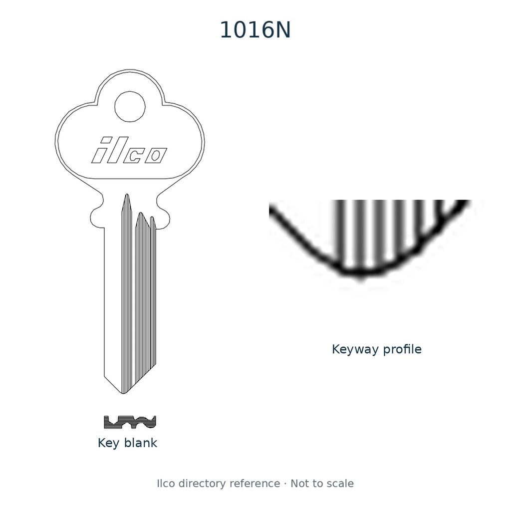 Ilco directory reference 1016N — key blank and keyway profile; not to scale