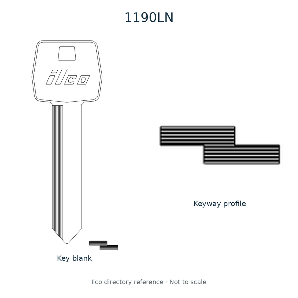 Ilco directory reference 1190LN — key blank and keyway profile; not to scale