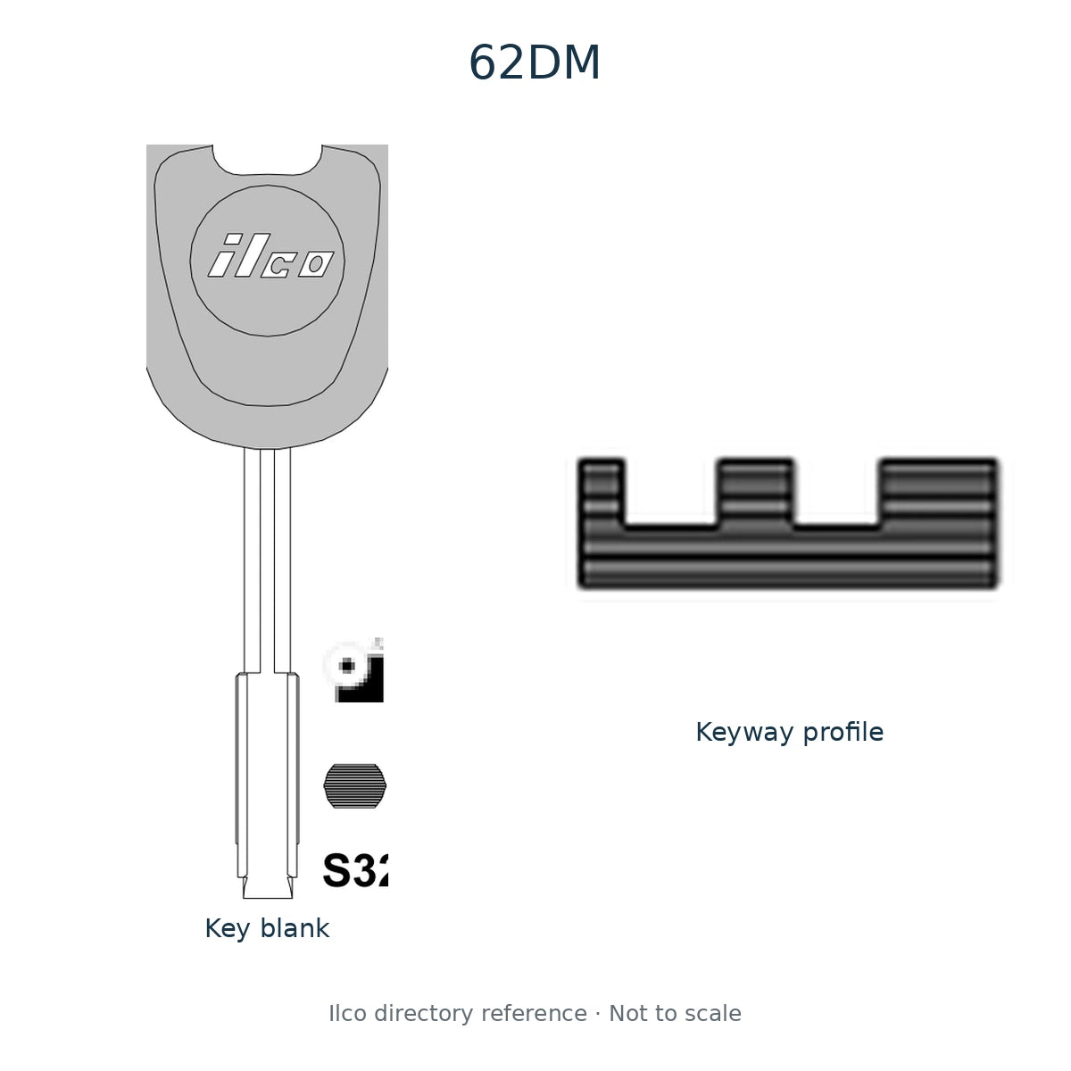 Ilco directory reference 62DM — key blank and keyway profile; not to scale