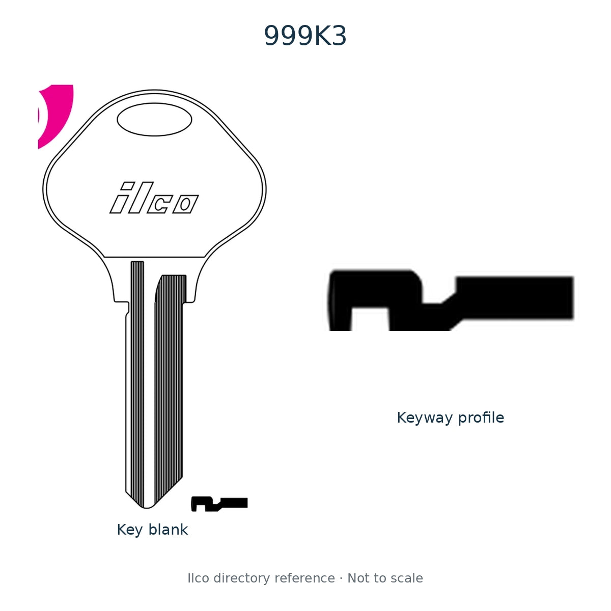 Ilco directory reference 999K3 — key blank and keyway profile; not to scale