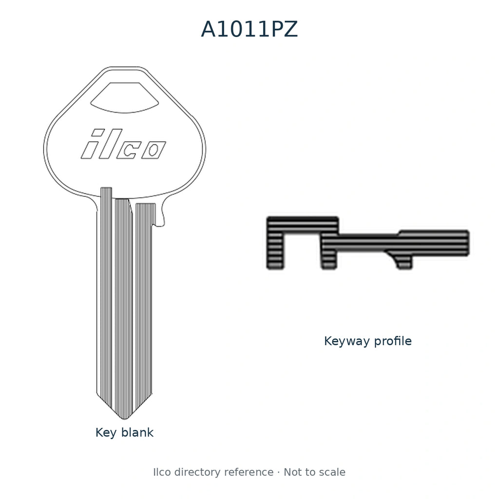 Ilco directory reference A1011PZ — full key blank and keyway profile; not to scale