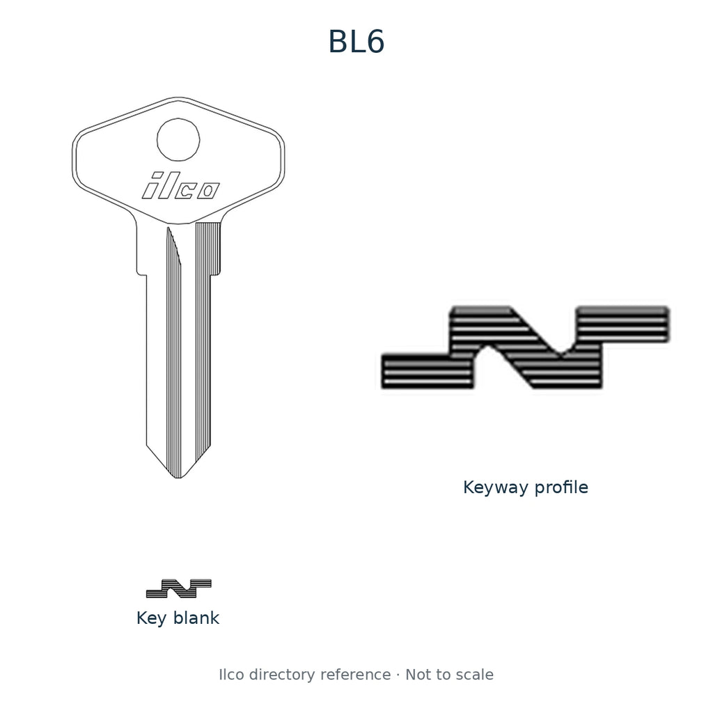 Ilco directory reference BL6 — key blank and keyway profile; not to scale