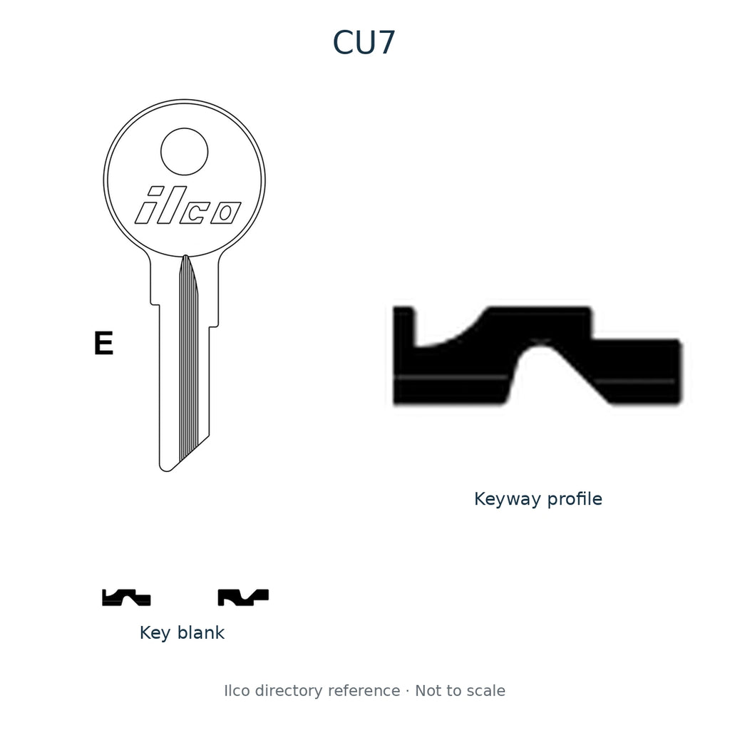 Ilco directory reference CU7 — key blank and keyway profile; not to scale