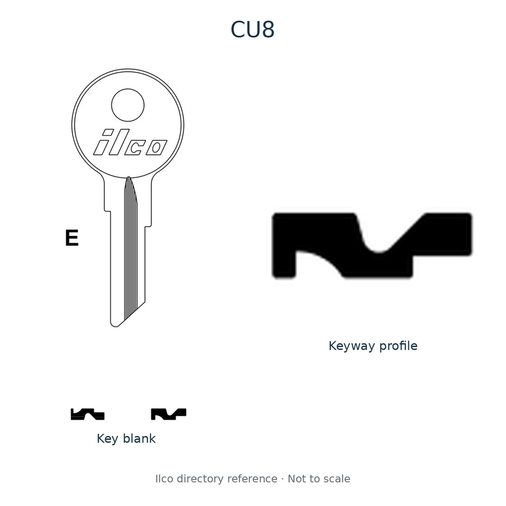 Ilco directory reference CU8 — key blank and keyway profile; not to scale