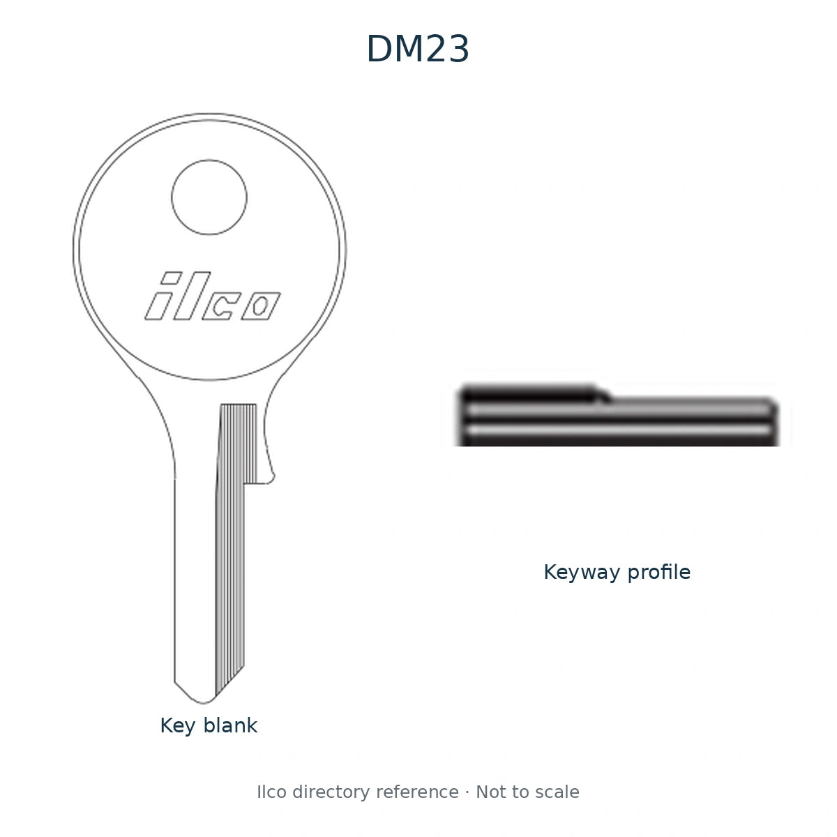 Ilco directory reference DM23 — full key blank and keyway profile; not to scale