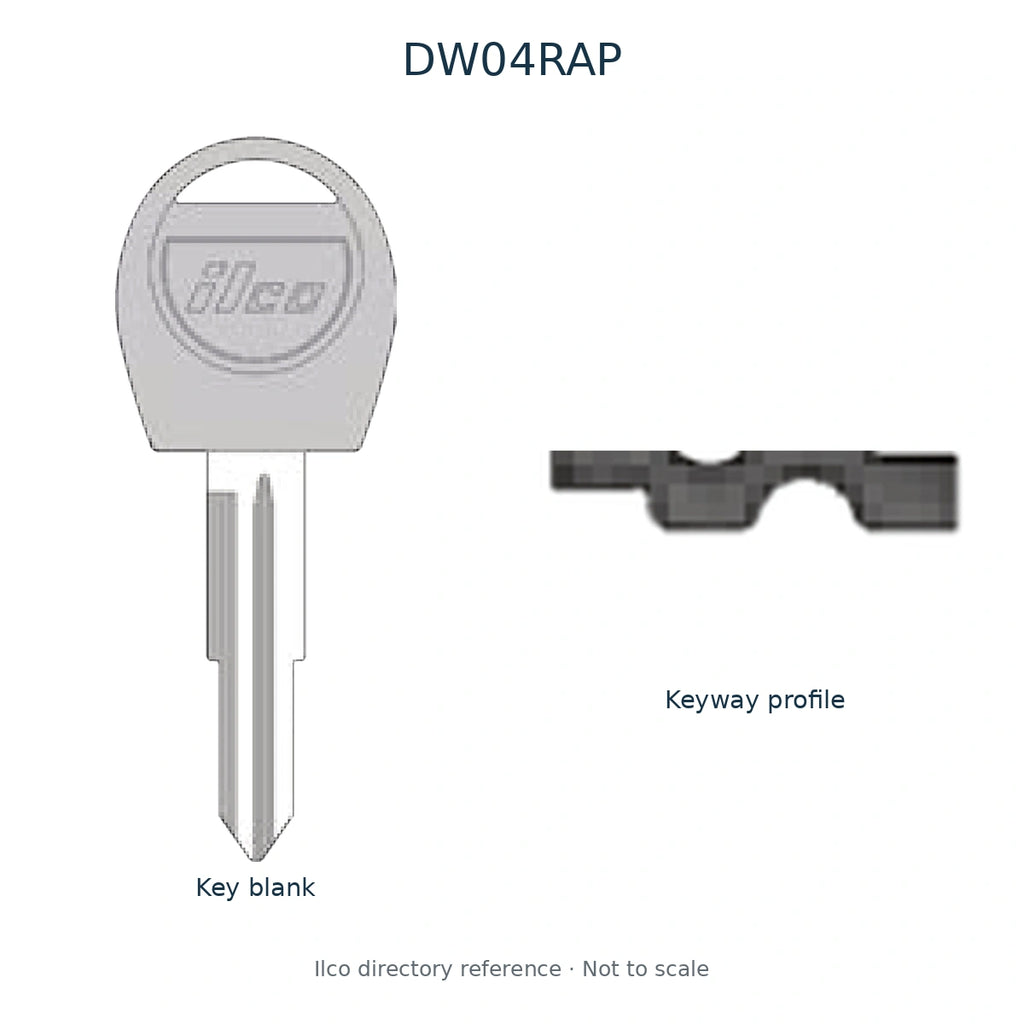 Ilco directory reference DW04RAP — full key blank and keyway profile; not to scale