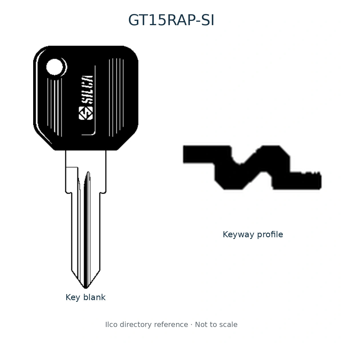 Ilco directory reference GT15RAP-SI — full key blank and keyway profile; not to scale