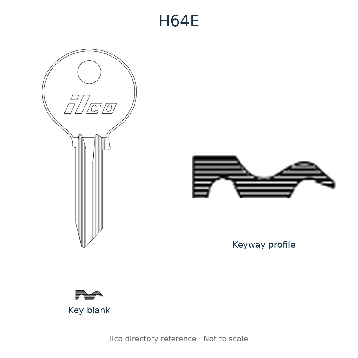 Ilco directory reference H64E — key blank and keyway profile; not to scale