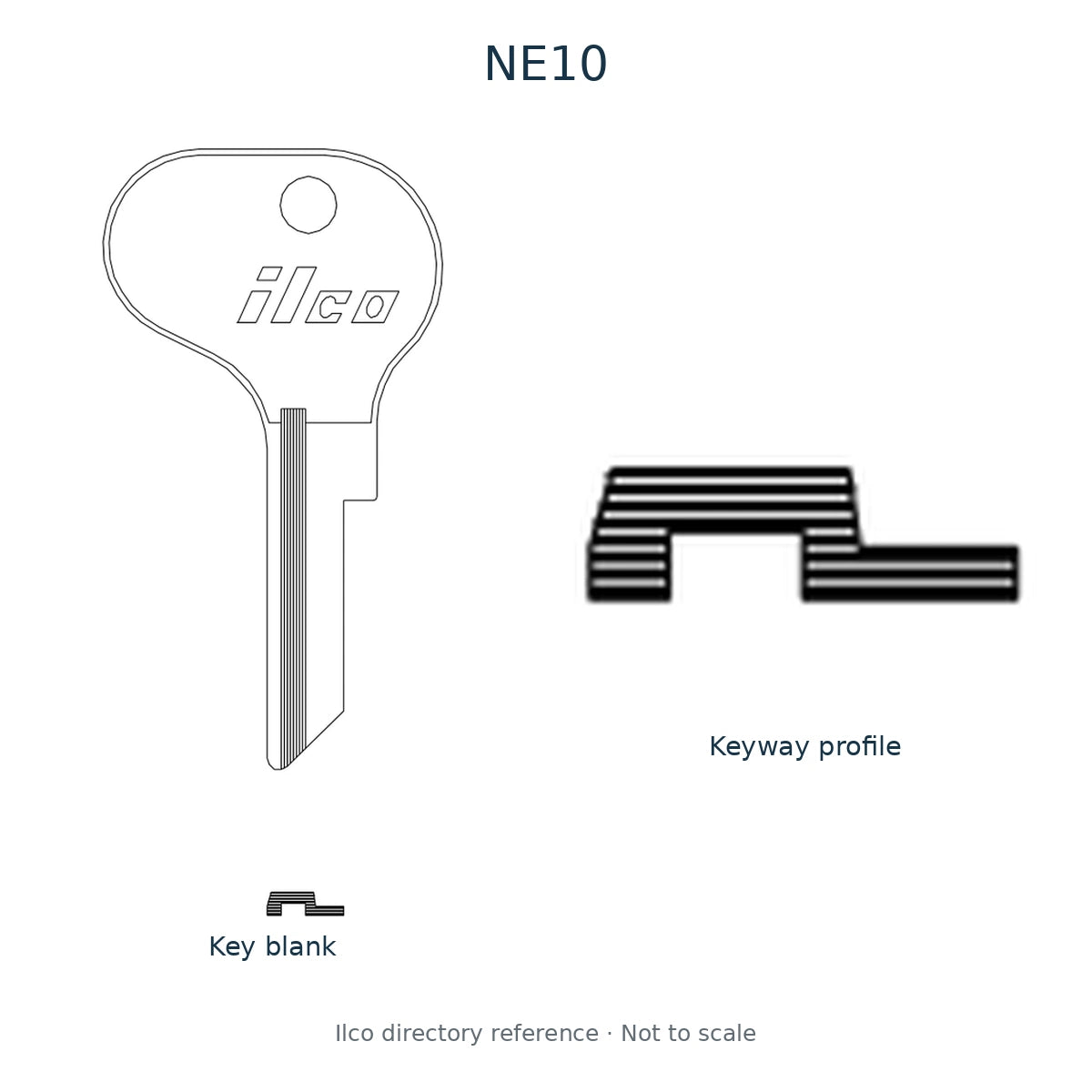 Ilco directory reference NE10 — key blank and keyway profile; not to scale