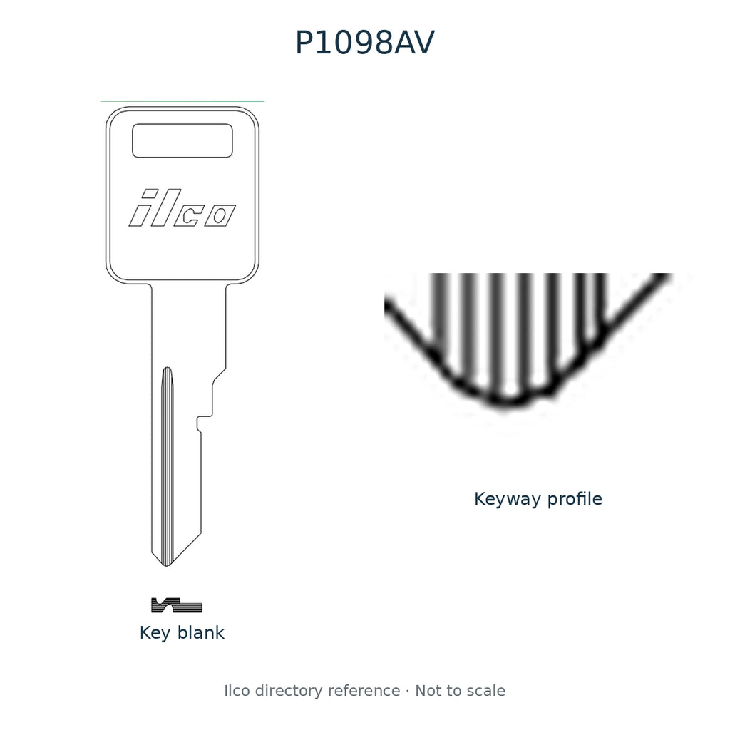 Ilco directory reference P1098AV — key blank and keyway profile; not to scale