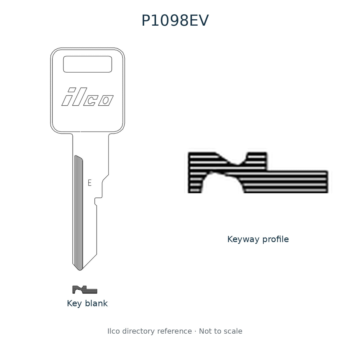 Ilco directory reference P1098EV — key blank and keyway profile; not to scale