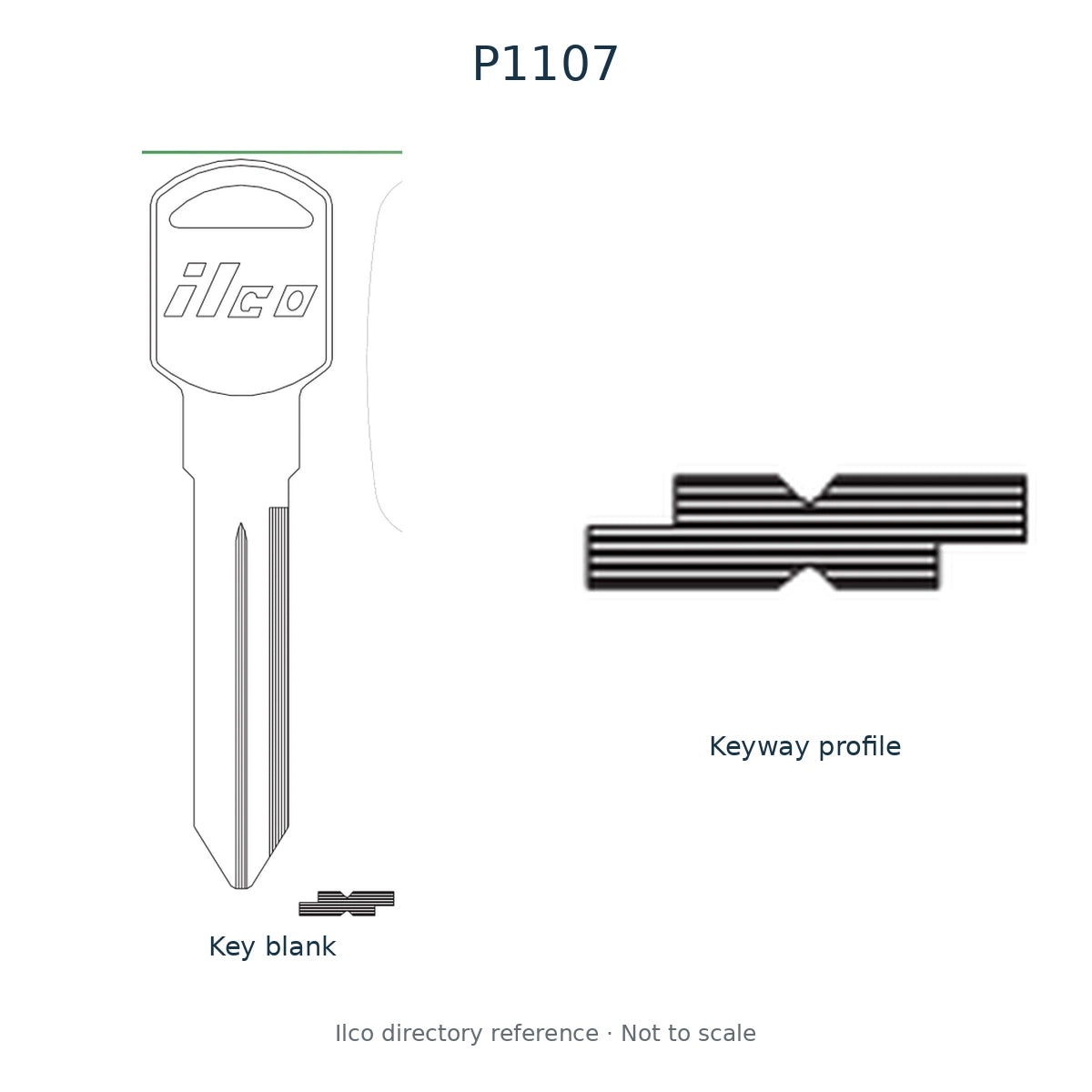 Ilco directory reference P1107 — key blank and keyway profile; not to scale