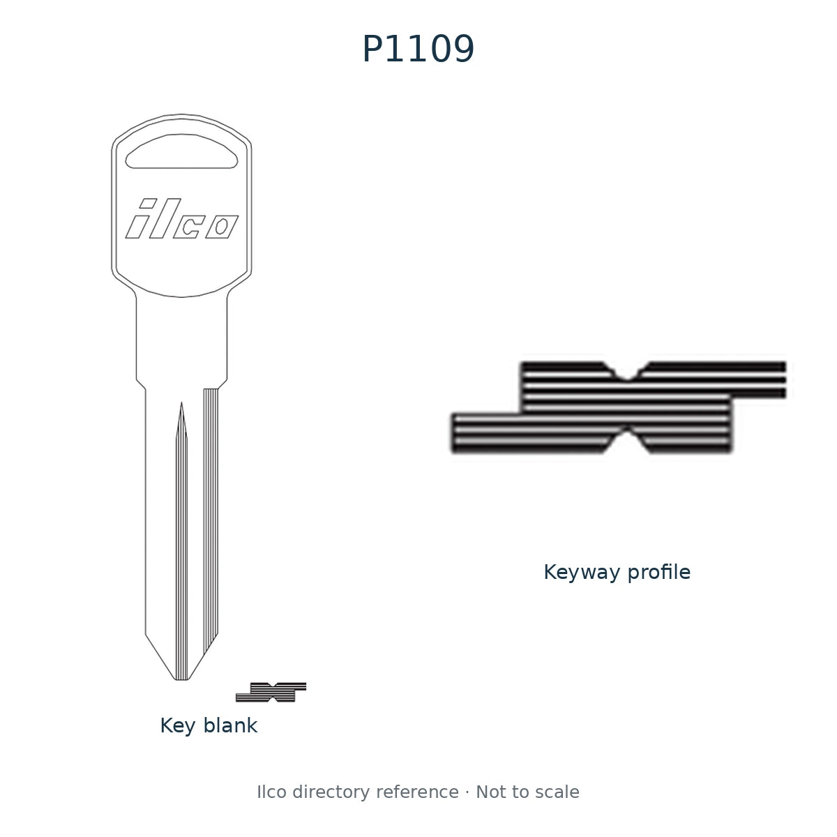 Ilco directory reference P1109 — key blank and keyway profile; not to scale