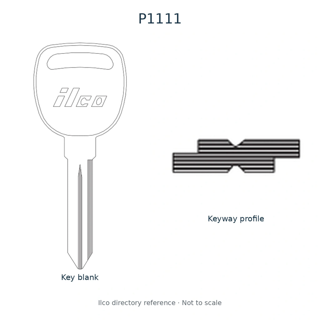 Ilco directory reference P1111 — full key blank and keyway profile; not to scale