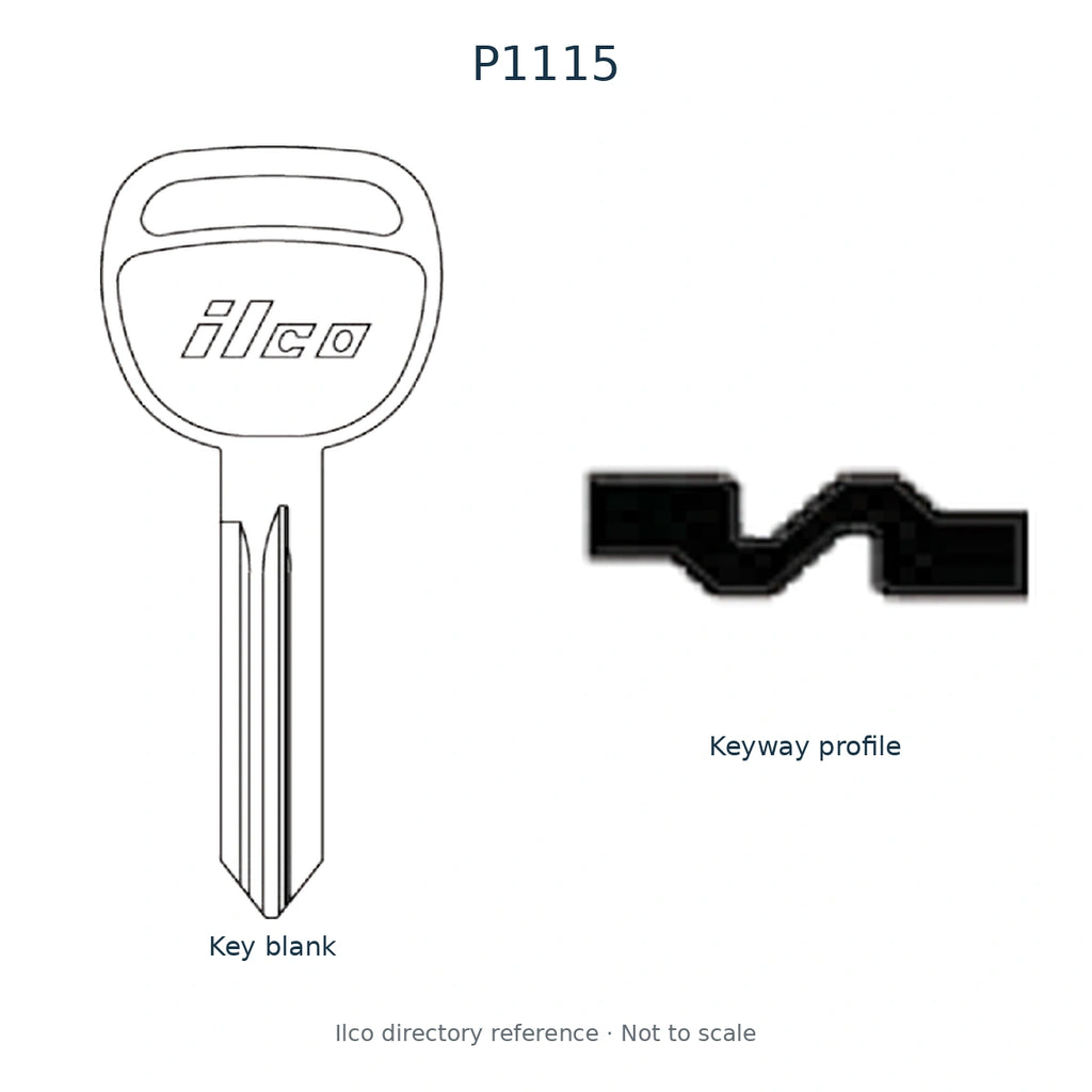 Ilco directory reference P1115 — full key blank and keyway profile; not to scale