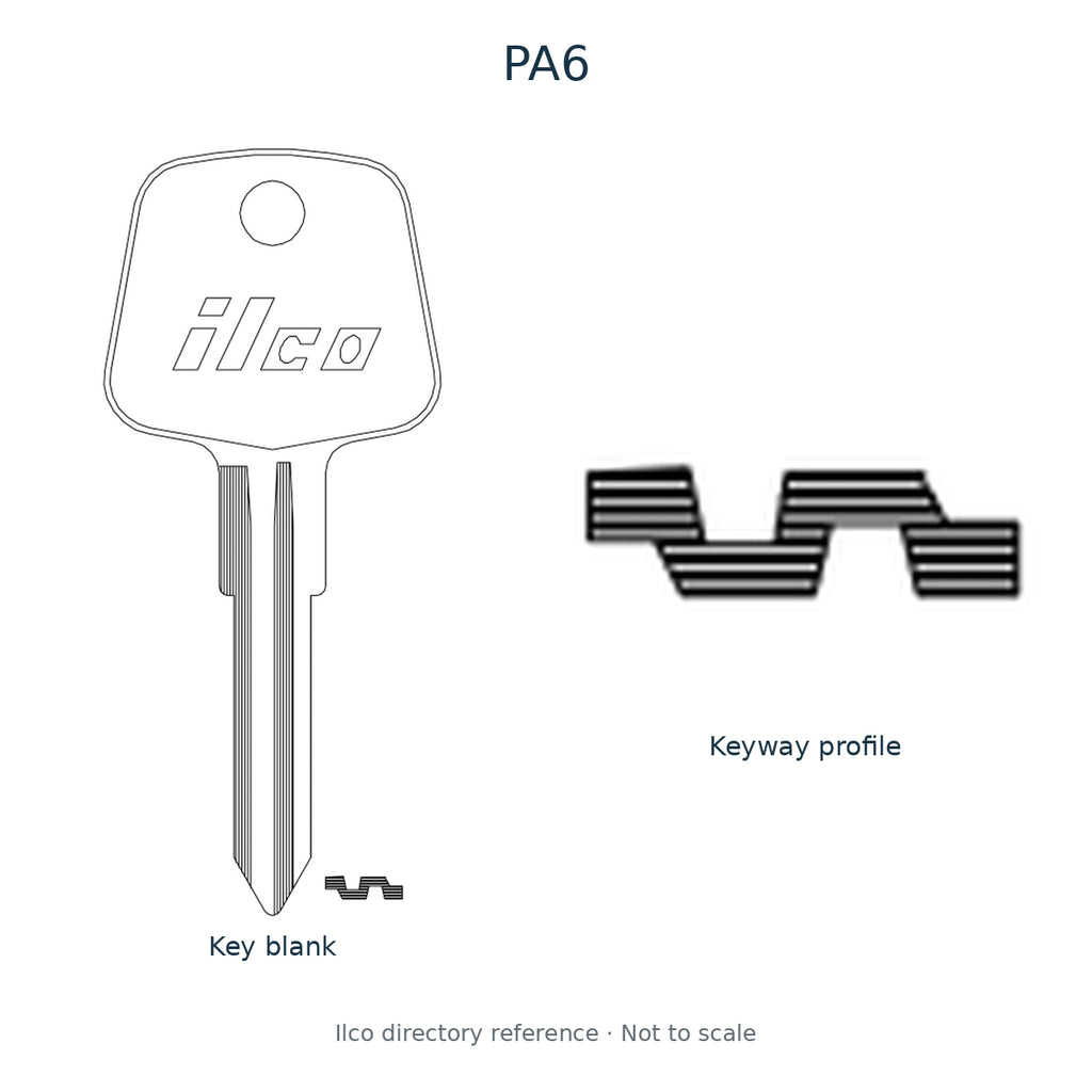 Ilco directory reference PA6 — key blank and keyway profile; not to scale