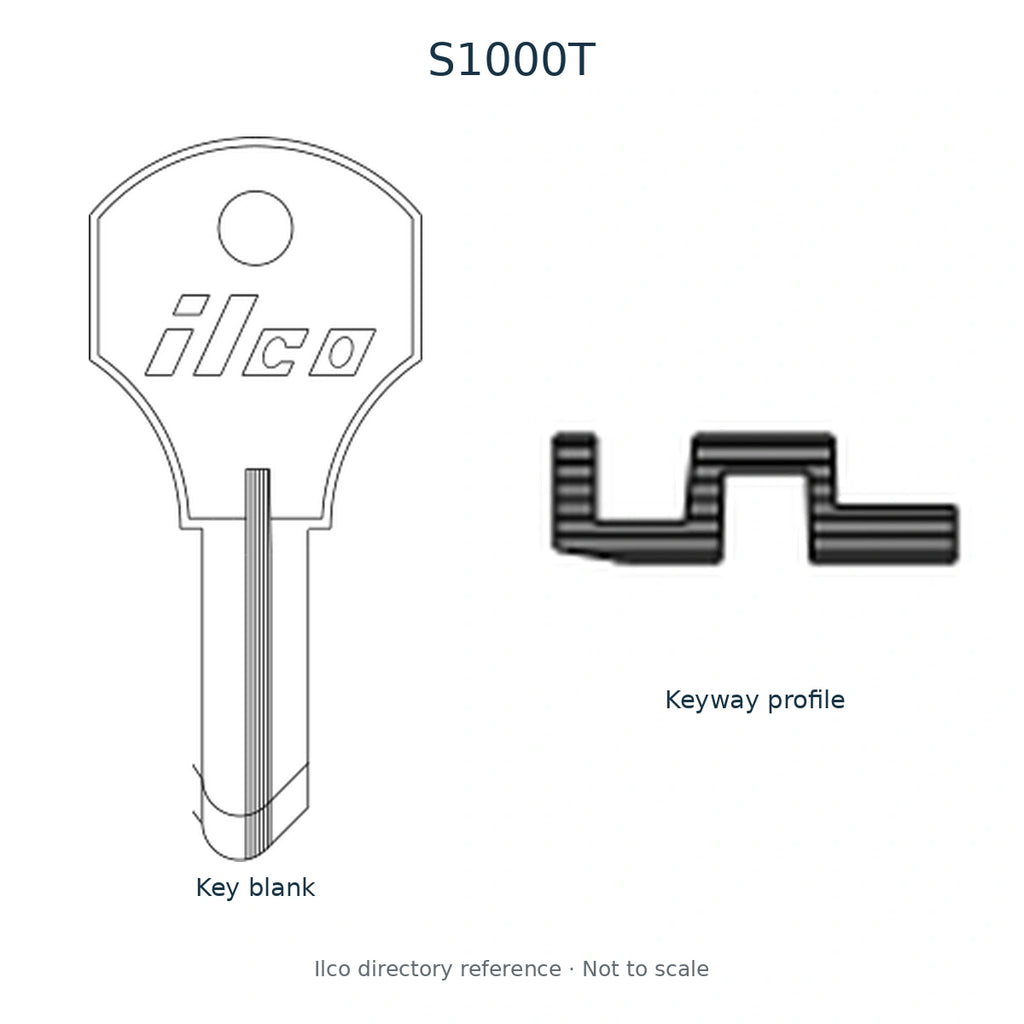 Ilco directory reference S1000T — full key blank and keyway profile; not to scale