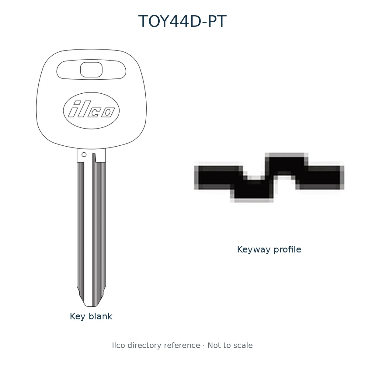 Ilco directory reference TOY44D-PT — full key blank and keyway profile; not to scale