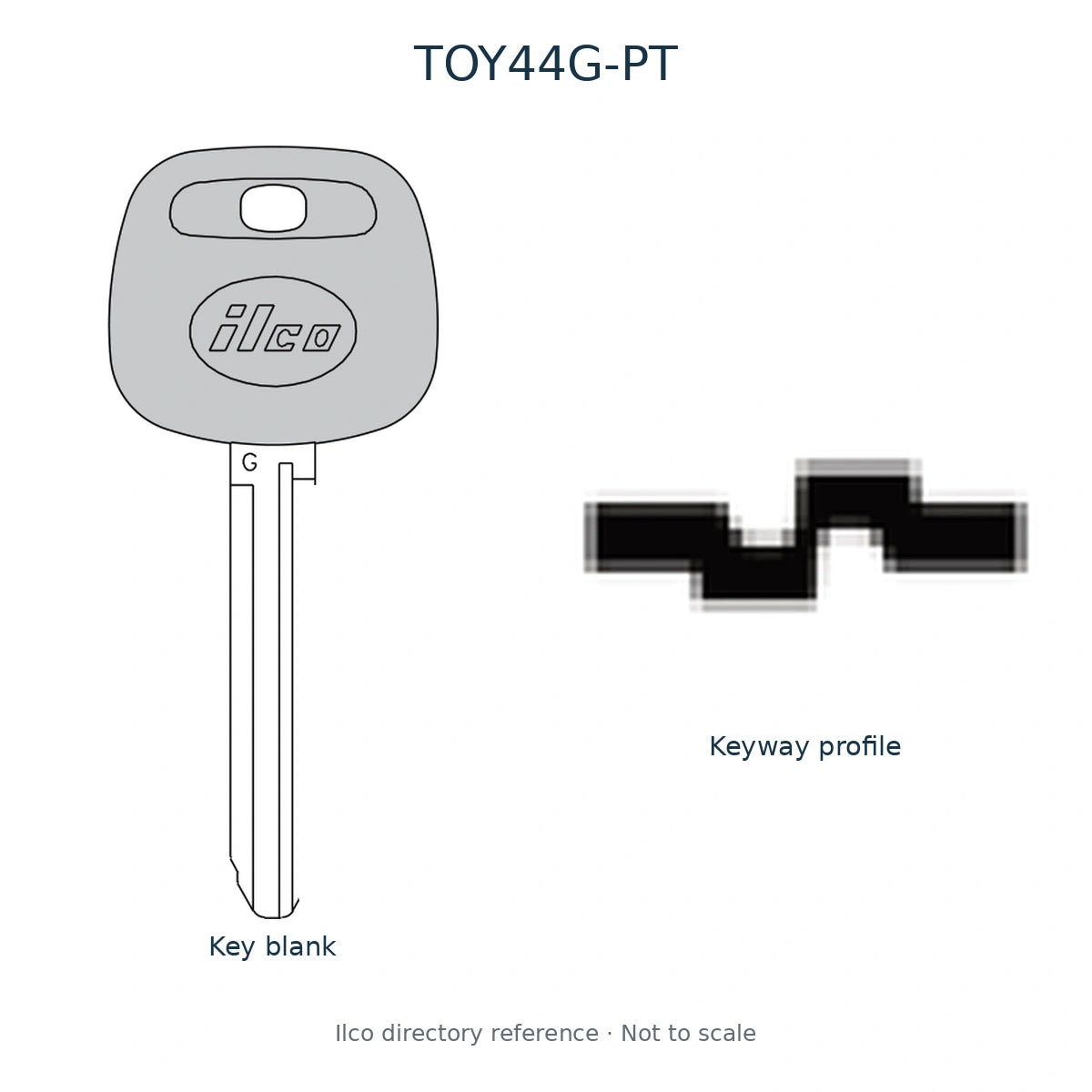 Ilco directory reference TOY44G-PT — full key blank and keyway profile; not to scale