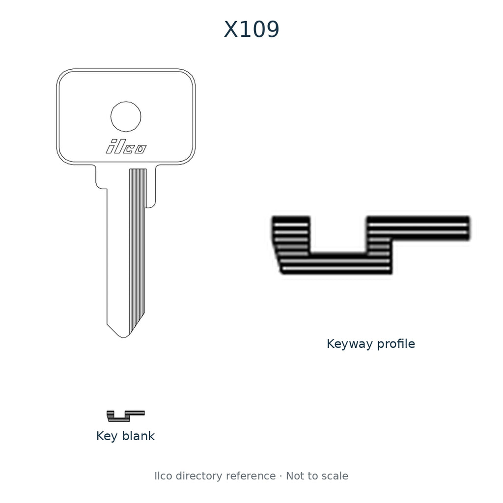 Ilco directory reference X109 — key blank and keyway profile; not to scale