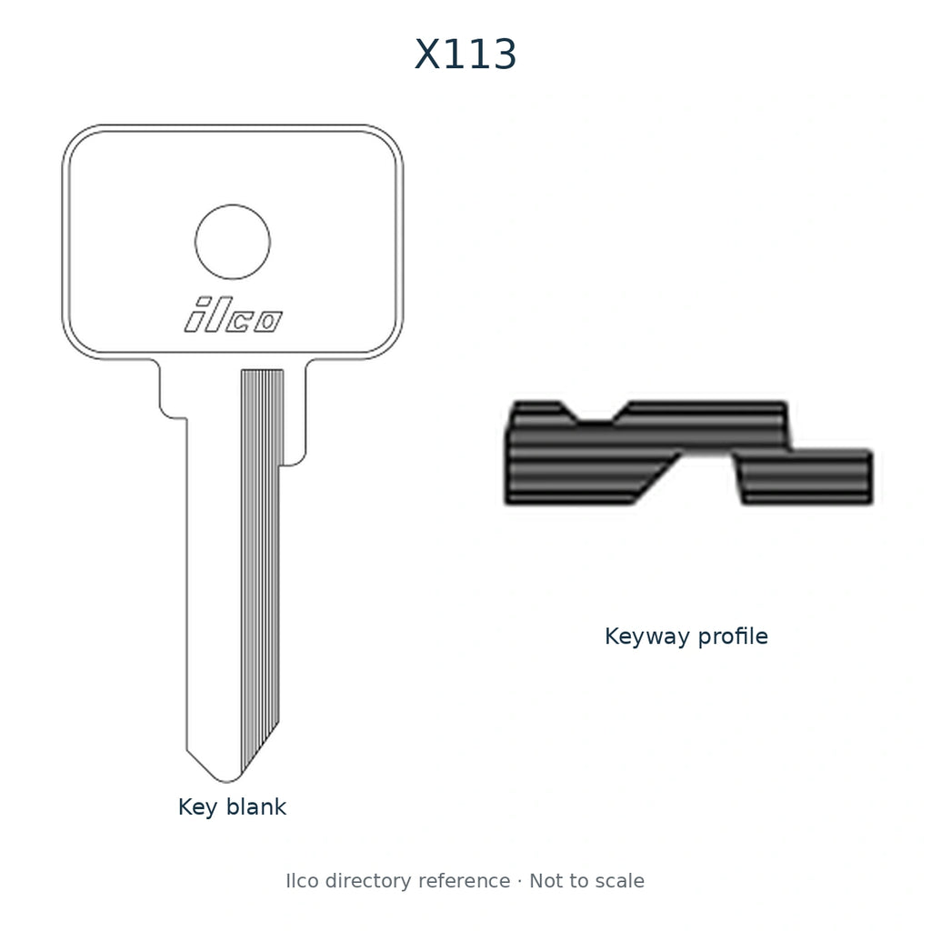 Ilco directory reference X113 — full key blank and keyway profile; not to scale