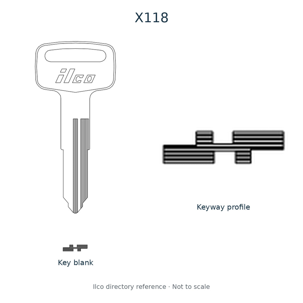 Ilco directory reference X118 — key blank and keyway profile; not to scale