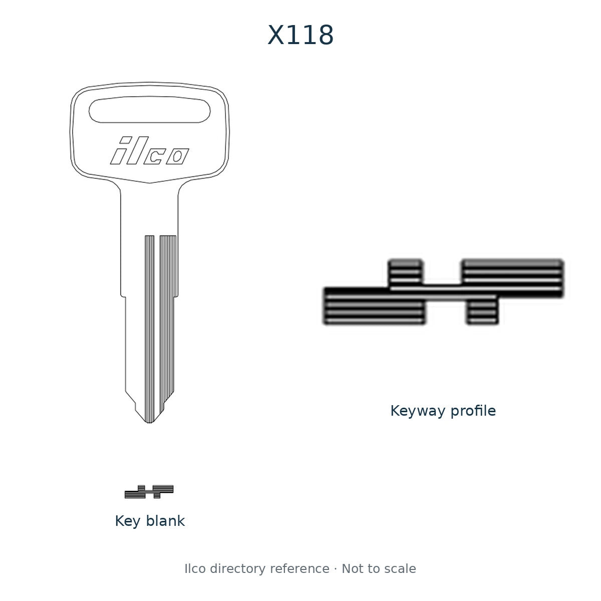 Ilco directory reference X118 — key blank and keyway profile; not to scale