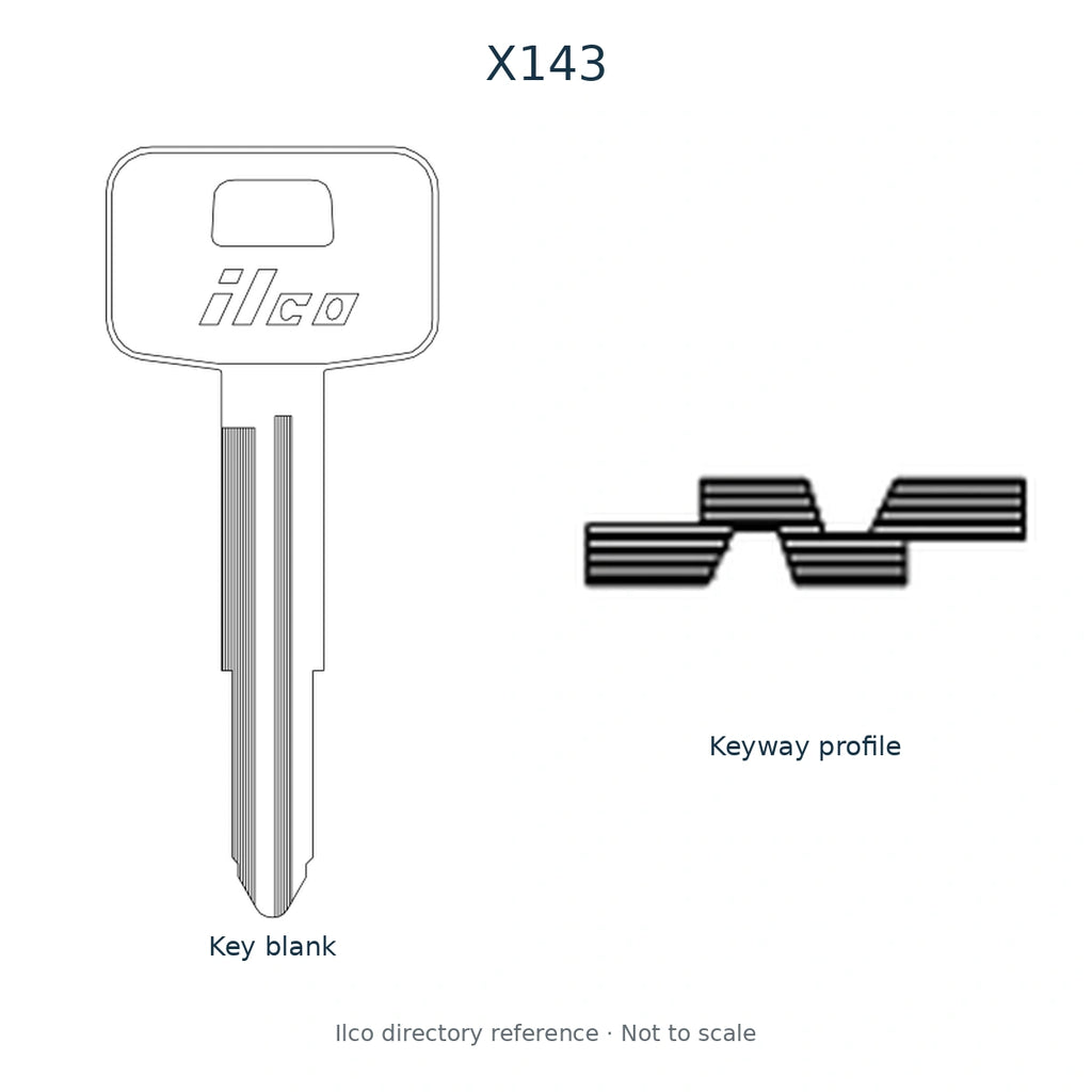 Ilco directory reference X143 — full key blank and keyway profile; not to scale