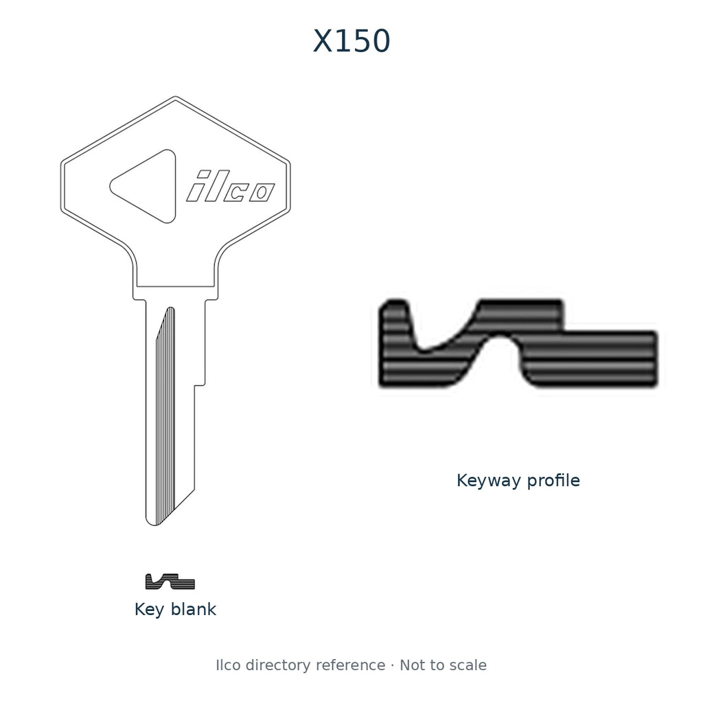 Ilco directory reference X150 — key blank and keyway profile; not to scale