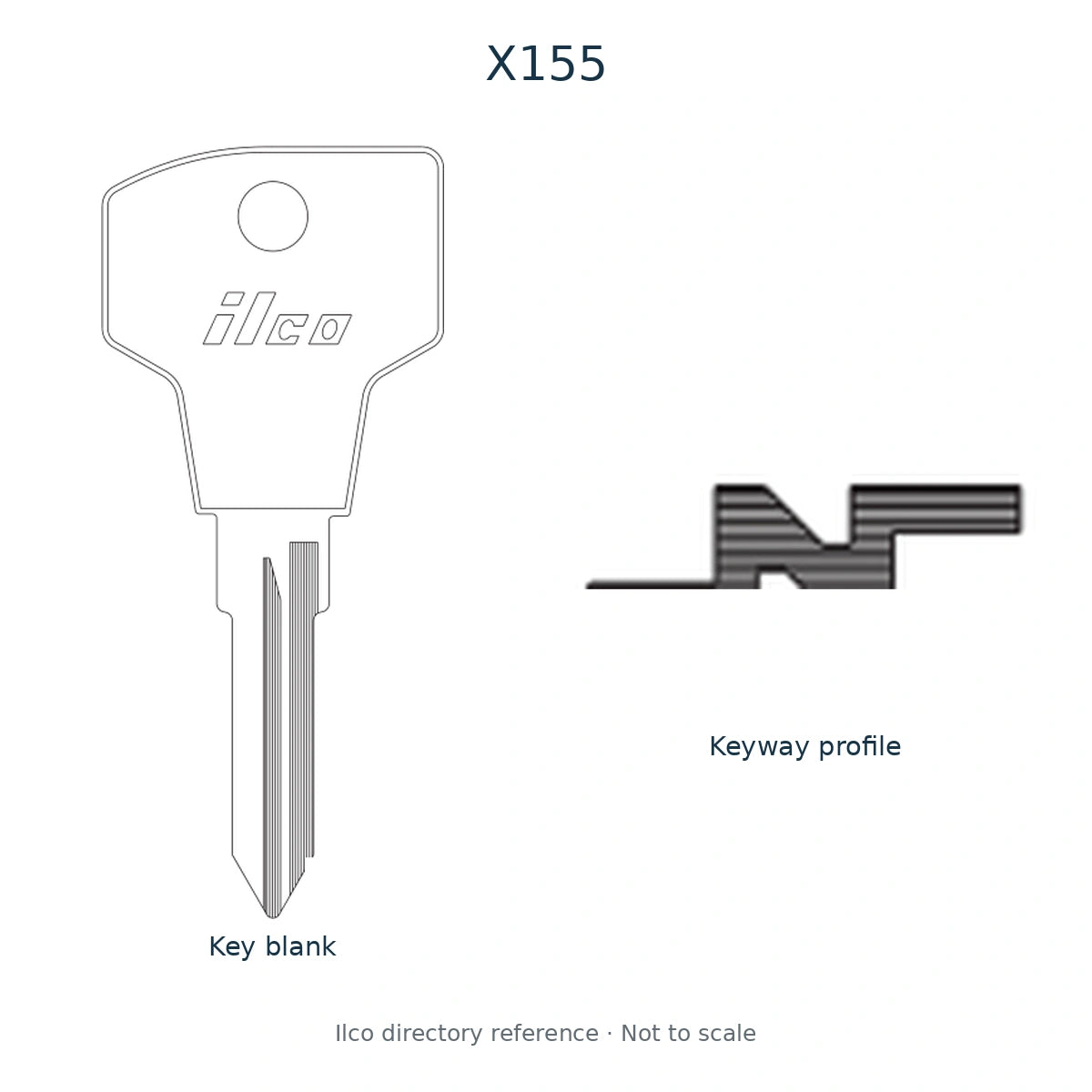 Ilco directory reference X155 — full key blank and keyway profile; not to scale