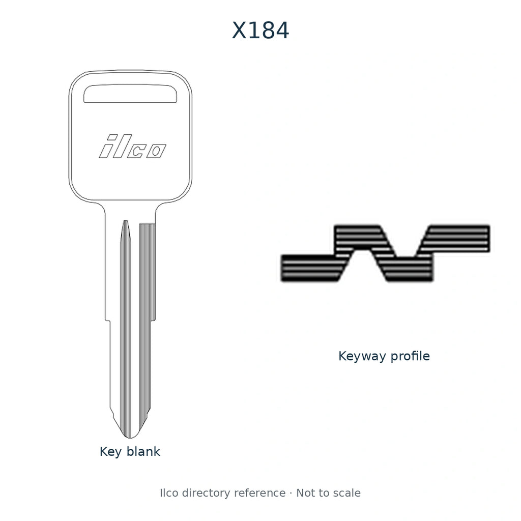 Ilco directory reference X184 — full key blank and keyway profile; not to scale