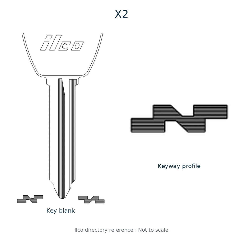 Ilco directory reference X2 — key blank and keyway profile; not to scale