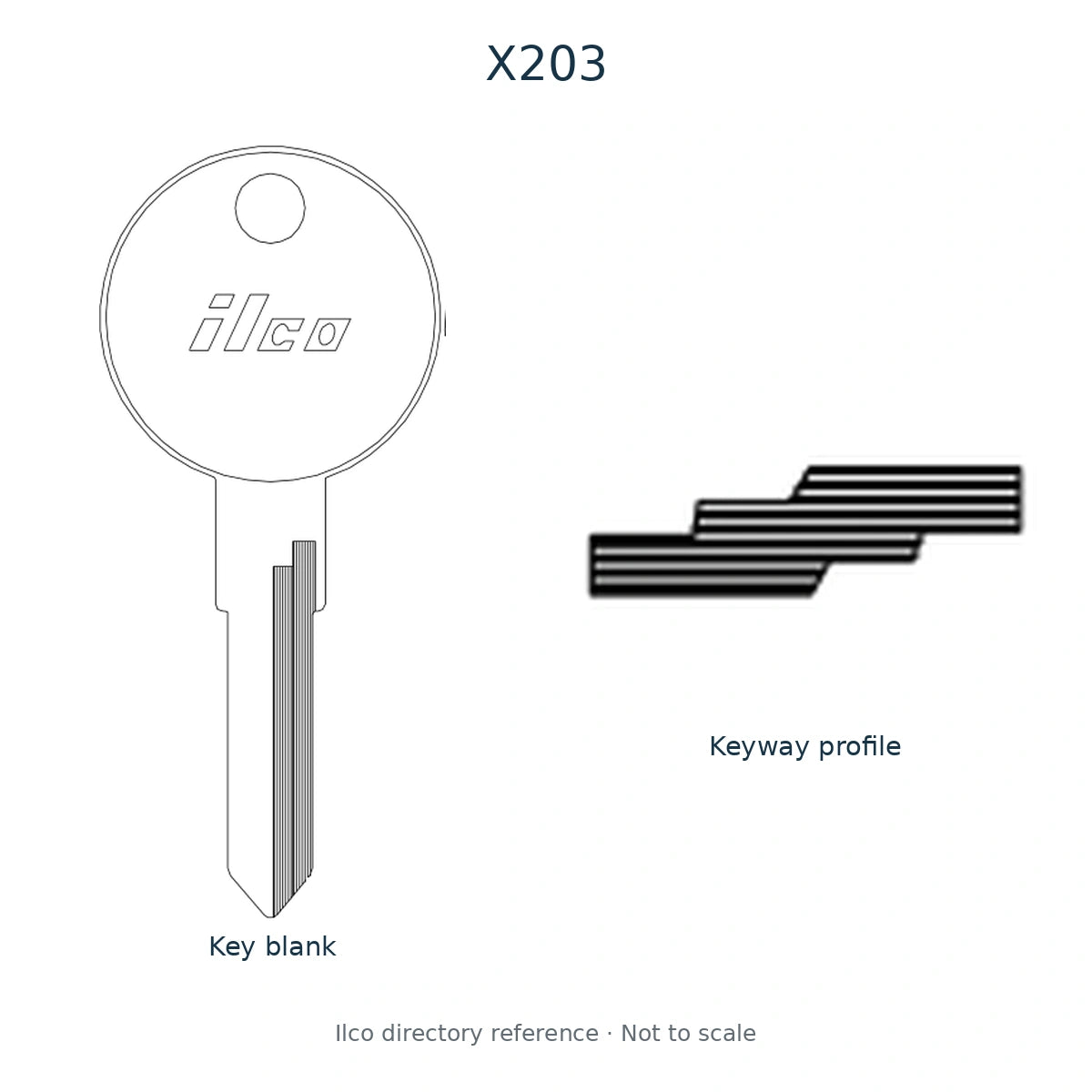 Ilco directory reference X203 — full key blank and keyway profile; not to scale