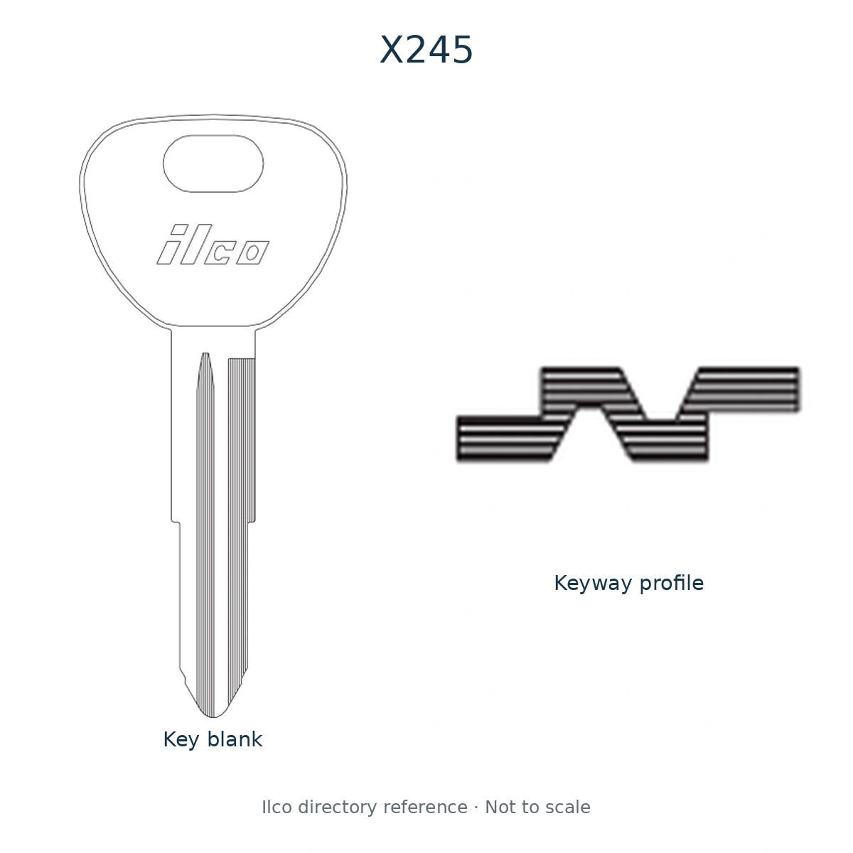 Ilco directory reference X245 — full key blank and keyway profile; not to scale