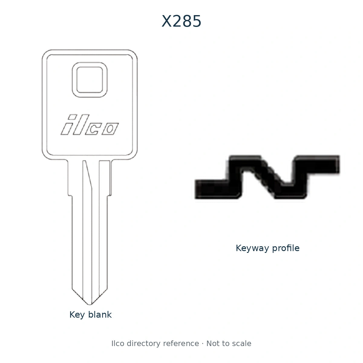 Ilco directory reference X285 — full key blank and keyway profile; not to scale