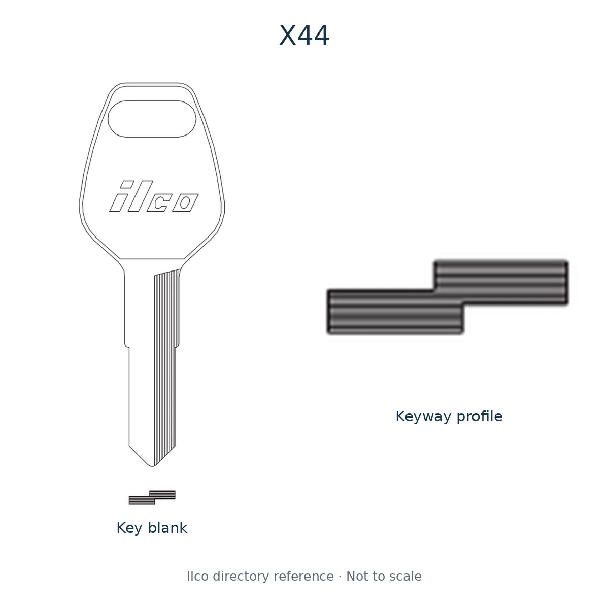 Ilco directory reference X44 — key blank and keyway profile; not to scale