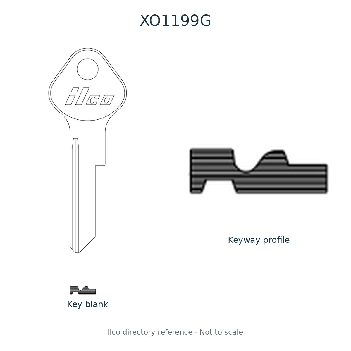 Ilco directory reference XO1199G — key blank and keyway profile; not to scale