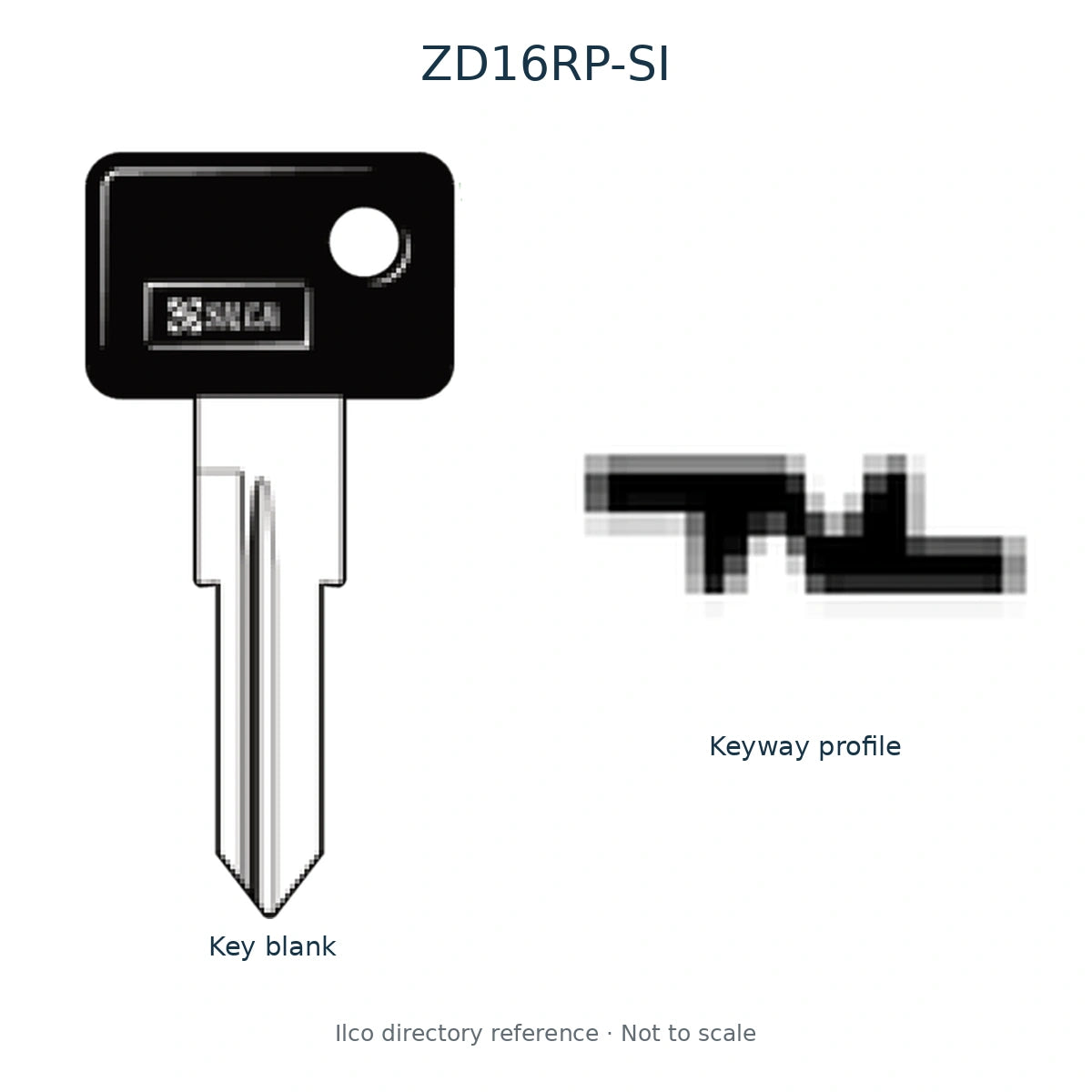 Ilco directory reference ZD16RP-SI — full key blank and keyway profile; not to scale