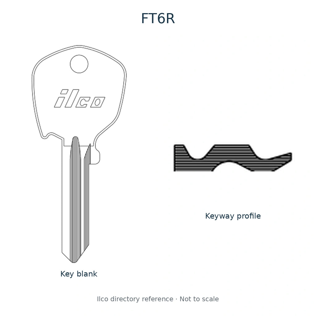 Ilco directory reference FT6R — key blank illustration and keyway profile; not to scale