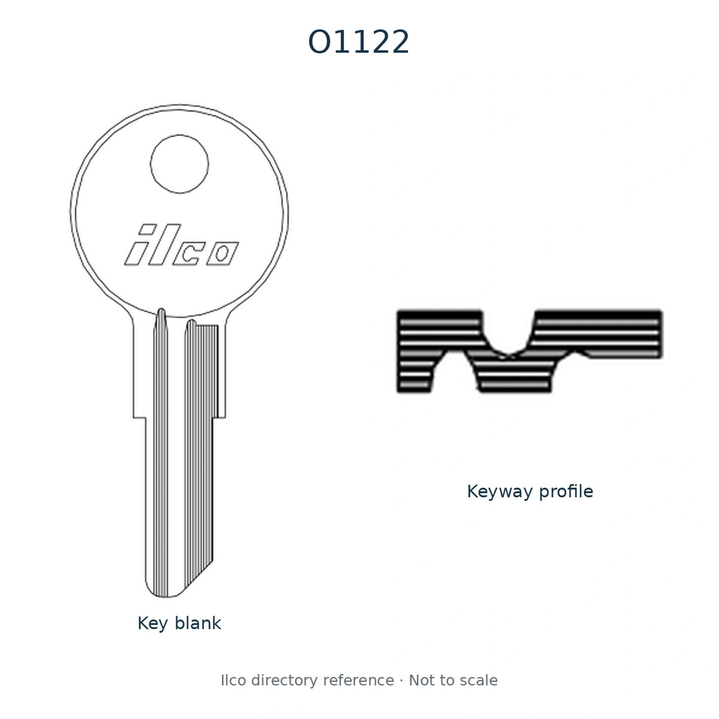 Ilco directory reference O1122 — key blank illustration and keyway profile; not to scale