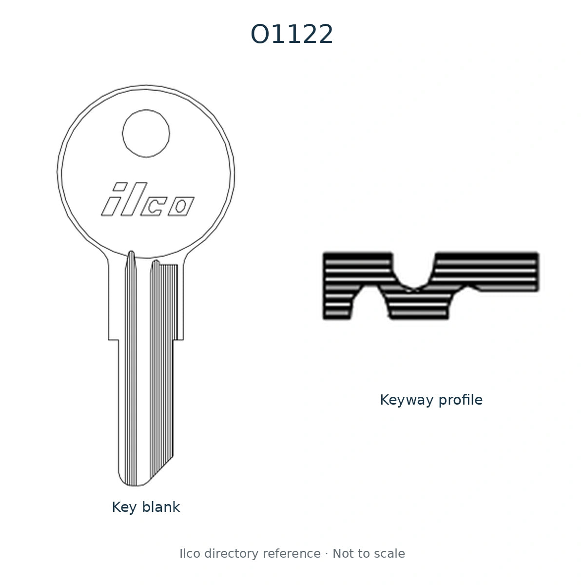 Ilco directory reference O1122 — key blank illustration and keyway profile; not to scale