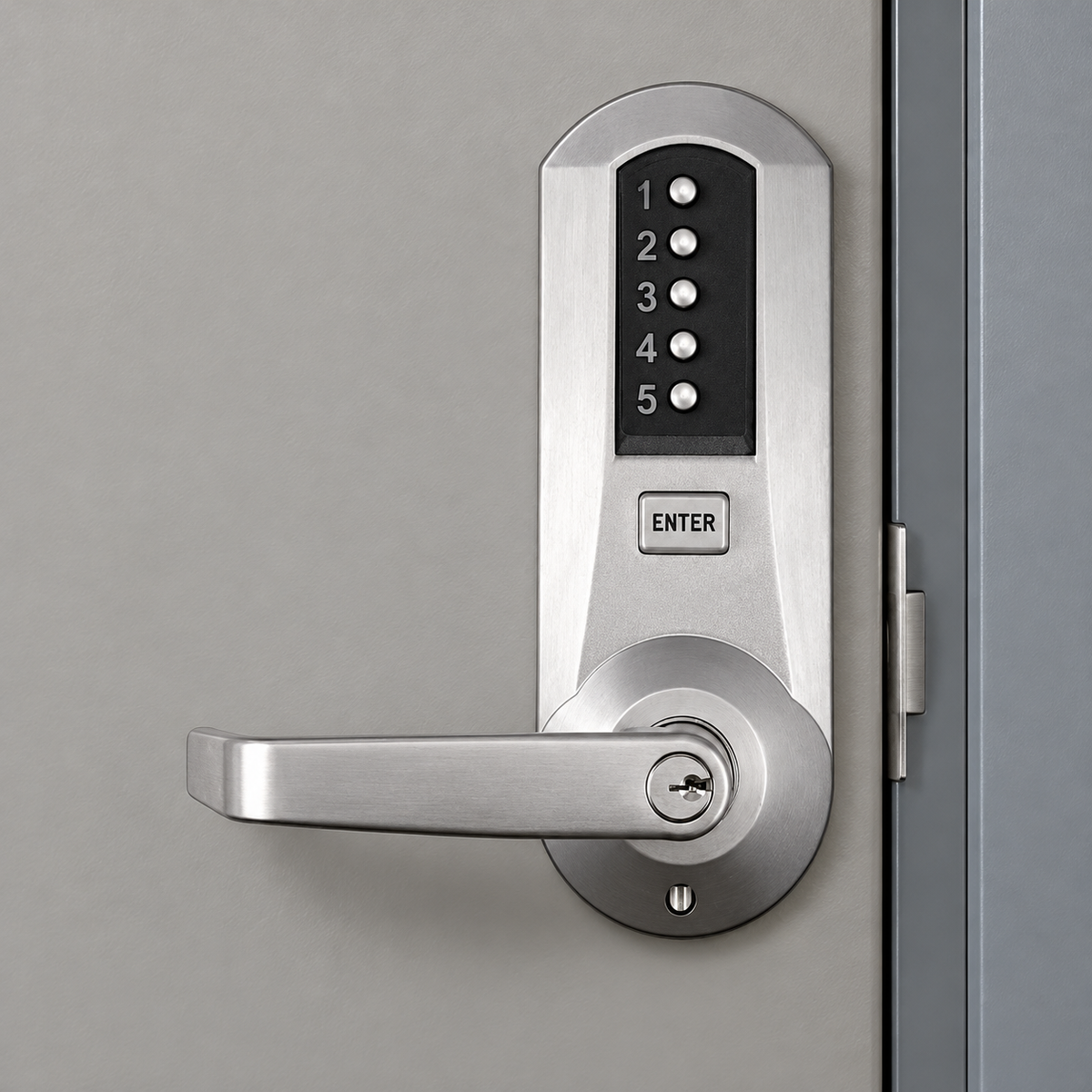 kaba-simplex-5000 — illustrative installed view in satin chrome; surrounding door and frame not included