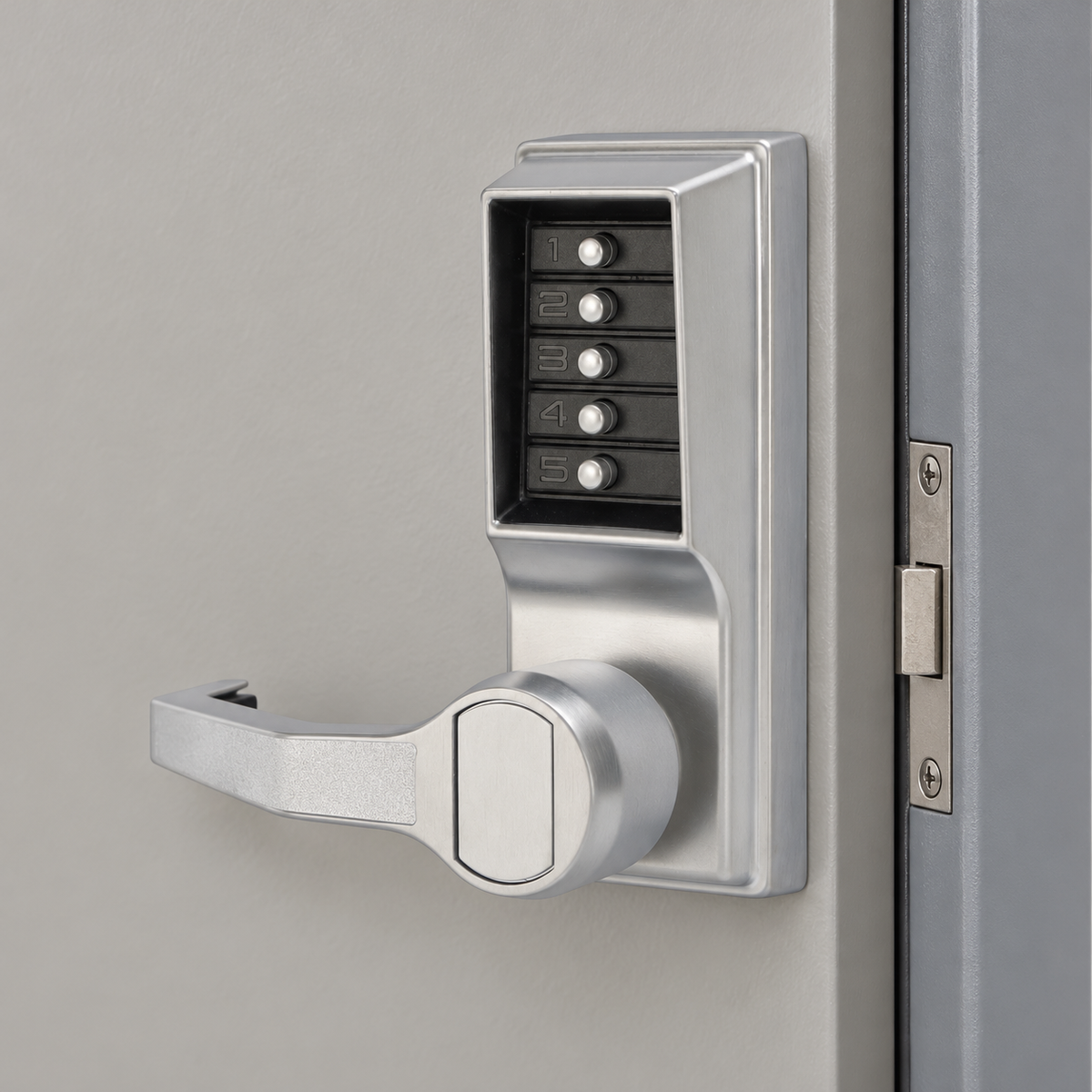 kaba-simplex-l1000 — illustrative installed view in satin chrome; surrounding door and frame not included