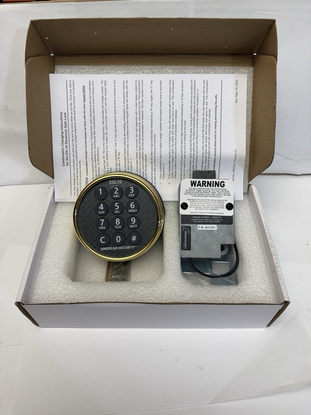 American Security - ESL10 ESL10XL - Lighted Keypad - Electronic Safe Lock Brass — photo 1